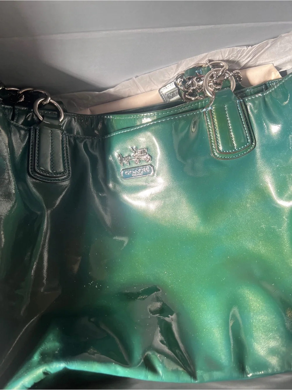 Coach Forest Green Patent Leather Tote with Chain-Accent Straps